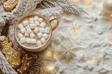 Christmas themed flatlay border, hot cocoa and cookies, mug of hot chocolate with marshmallows, gingerbread cookie, space in interior, 