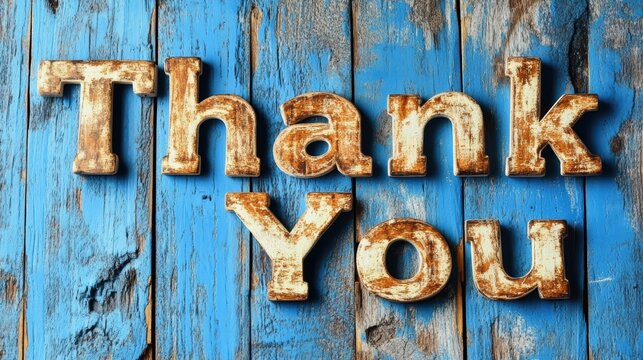 A close-up view displaying the phrase Thank You in rustic, weathered text against a worn and distressed blue wooden background evoking a heartfelt gesture of gratitude