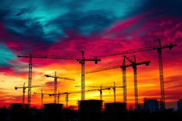 Construction Cranes Silhouetted Against a Vibrant Sunset Sky