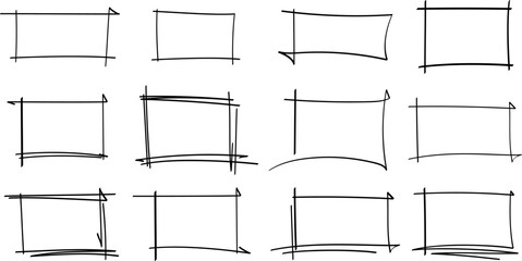 Set of doodle handdrawn highlight rectangles. Collection of pencil or pen sketch elements of squares and marks isolated on transparent background. Brush doodle shape for message notes