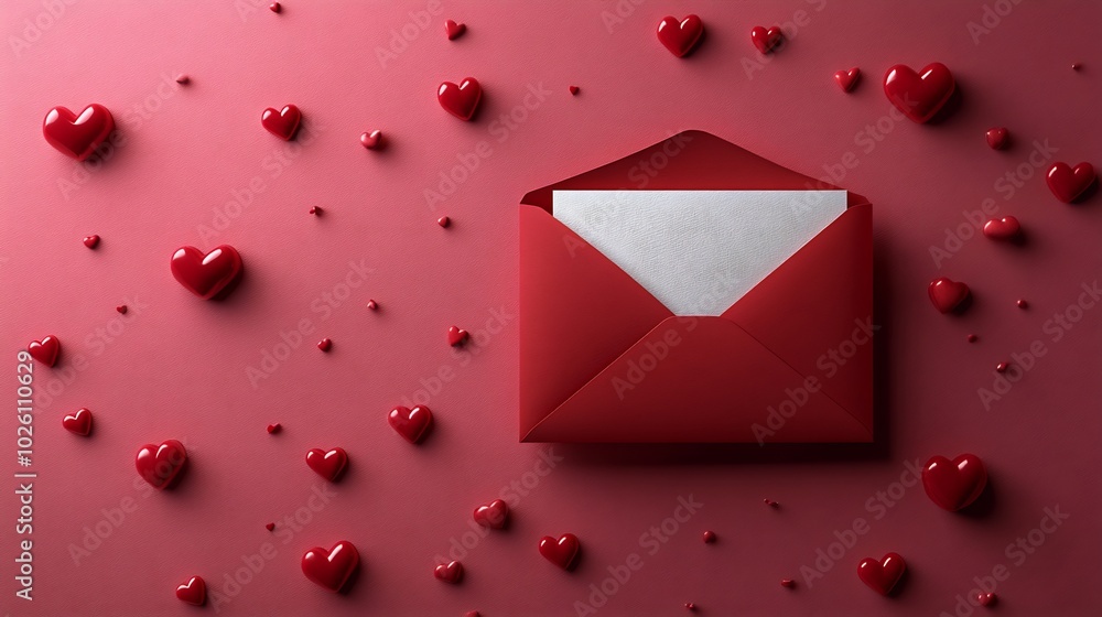 Aufkleber top view of red paper envelope with a blank white card inside set against a pink background with sca