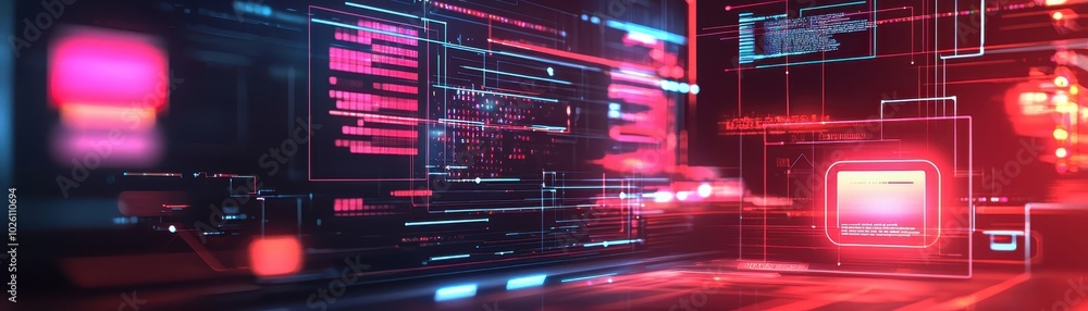 Poster futuristic digital interface with vibrant red and blue lights, displaying complex data and glowing s