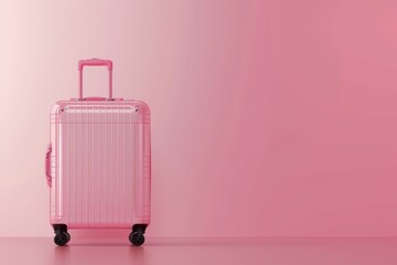 Pink luggage standing against a light pink background in a minimalist setting
