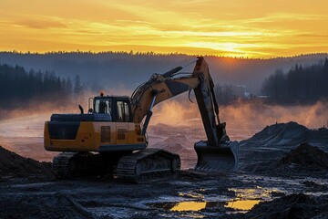 Excavator at Dusk with a Golden Sky and Reflecting Puddle