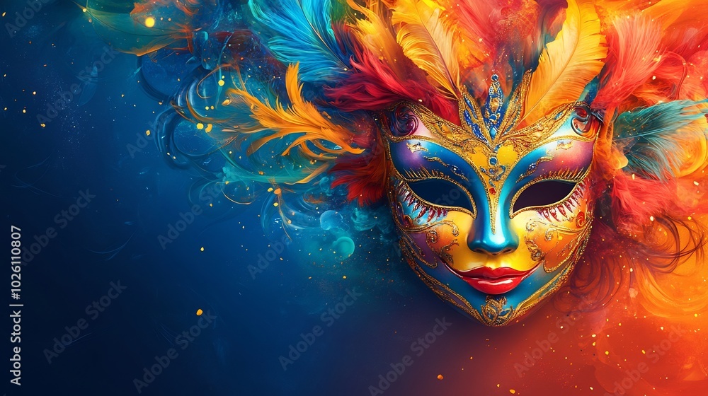 Poster vibrant multicolored carnival mask centered on a sleek banner surrounded by swirling patterns and br