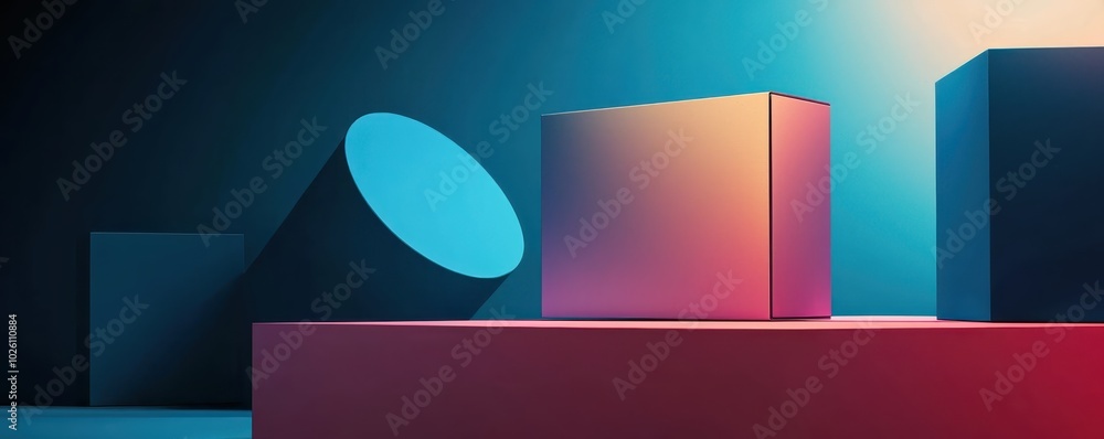Poster abstract geometric shapes in gradient lighting. modern art composition featuring cube, cylinder, and