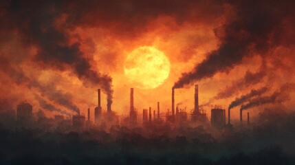 Industrial landscape ablaze at sunset with thick smoke rising, environmental ruin concept