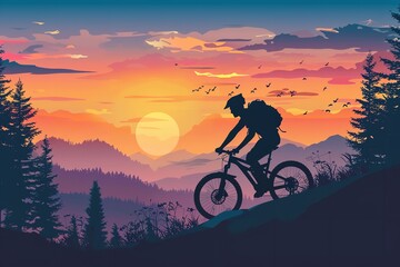 Obraz premium Evening fitness and hobbies of a mountain biker silhouette, Generative AI.