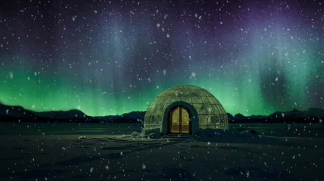 A snow-covered igloo with a wooden door stands under the vibrant green and purple glow of the Northern Lights in the night sky.
