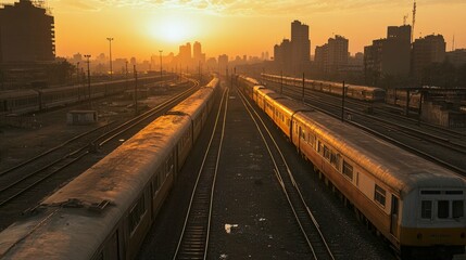Fototapeta premium A scenic view of a train station in a city with a sunrise in the background.