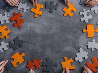 Obraz premium A group collaboration scene featuring hands placing puzzle pieces on a textured surface, symbolizing teamwork and creativity.