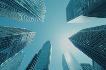 Urban Skyscrapers Against Blue Sky Background