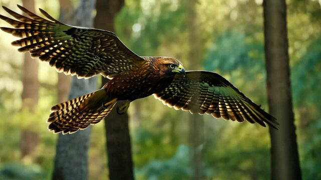 A hawk flies through a forest, its wings spread wide in the golden afternoon light