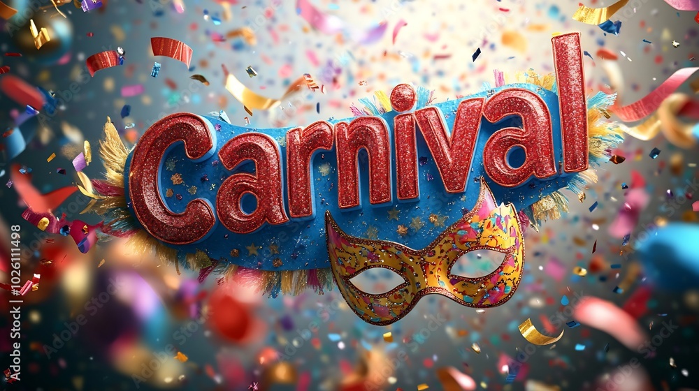 Poster colorful carnival text surrounded playful masks ribbons and confetti with a dynamic gradient backgro
