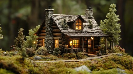 A rustic cabin model set in a miniature forest scene, featuring wooden logs, stone chimneys, and a cozy atmosphere.