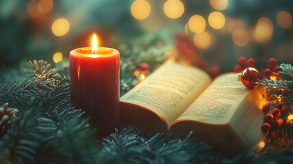Beautiful christmas candle with bible and copy space