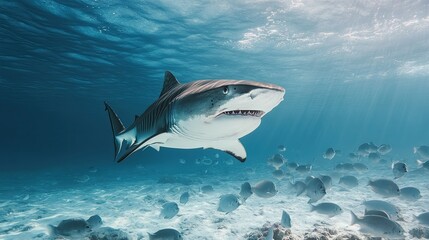 Fototapeta premium A school of fish parting as a tiger shark swims through, highlighting the predator dominance in the marine food chain.