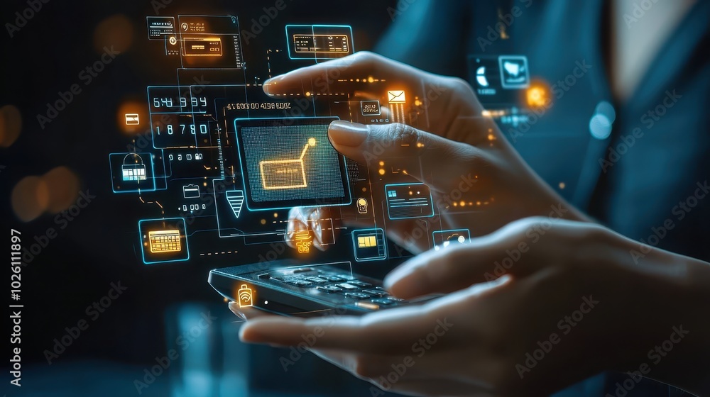 Poster close-up of hands interacting with futuristic virtual interface on a smartphone, symbolizing technol