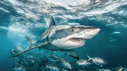 Fototapeta premium A shark captured mid-hunt, chasing a group of smaller fish in the open sea, demonstrating its agility and strength.