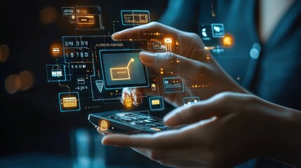 Close-up of hands interacting with futuristic virtual interface on a smartphone, symbolizing technology, digital innovation, and data analysis.