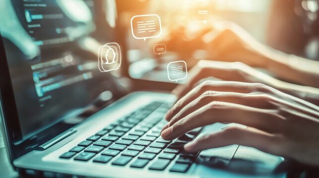 Close-up of hands typing on a laptop keyboard with virtual icons, representing technology, communication, and software development.