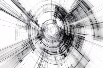 A futuristic abstract wireframe illustration, showing complex circular patterns of interconnected lines and shapes, creating a sense of motion and dynamic structure
