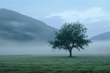 Obraz premium Foggy sky, foggy mountains in the backdrop, and a blue tree in a field, Generative AI.