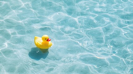 A single yellow rubber duck floating on clear blue water, creating gentle ripples around it.