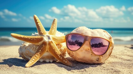 A seashell with sunglasses and starfish on the beach.