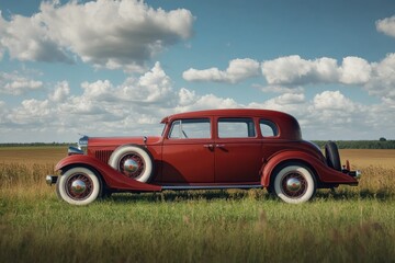 Fototapeta premium Classic Red Car in Open Field under Blue Sky