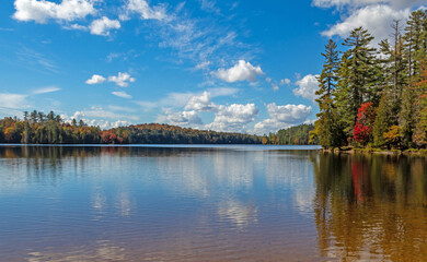 Fototapeta premium Adirondack pond in St Regis Canoe Wilderness Area with peak fall foliage on a peaceful calm morning
