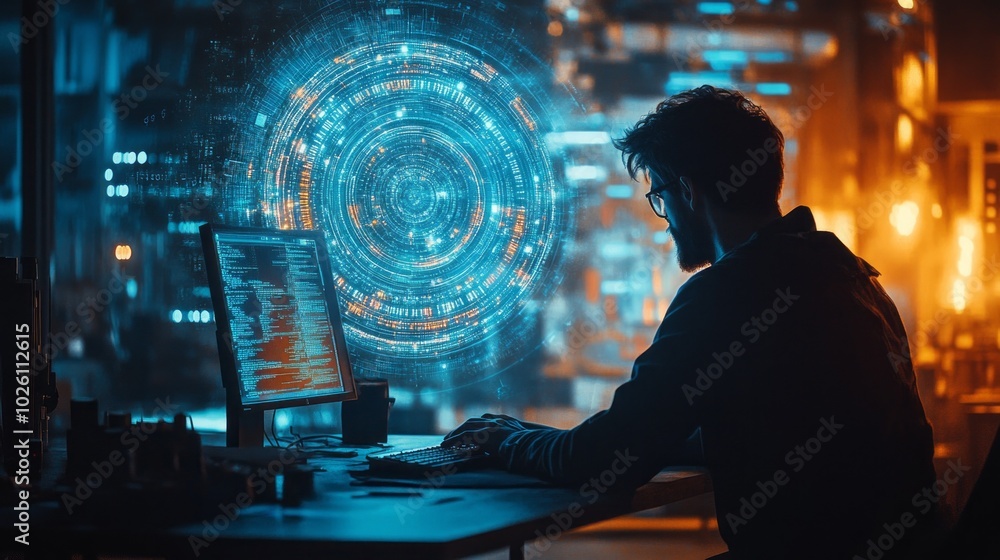 Poster A man is sitting at a desk with a computer monitor in front of him