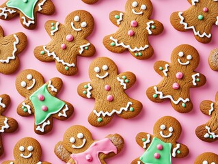 Fototapeta premium Decorative gingerbread cookies with icing on a pink background. Festive holiday treats perfect for Christmas celebrations.