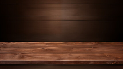 Empty dark brown wooden table is positioned against a dark background, highlighting the table's smooth texture and inviting simplicity, ideal for product display 