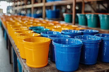 Rows of Yellow and Blue Plastic Buckets in a Factory Setting