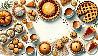Obraz premium Top view of Thanksgiving dessert table with pies, cookies, and hot beverages around a blank space