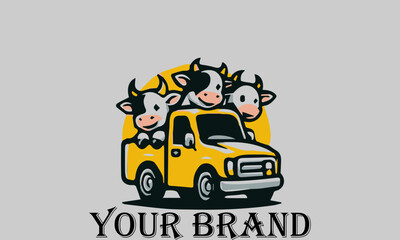 This vector illustration shows three cows sitting in the bed of a pickup truck with happy expressions. They seem to be enjoying the trip. This illustration is suitable for representing the concepts
