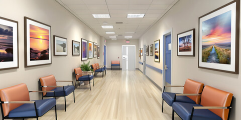 A series of framed photographs on the walls of a mental health outpatient center, showcasing images of resilience and hope.