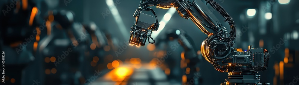 Poster advanced robotic arm operating in a high-tech industrial environment, focusing on precision and effi