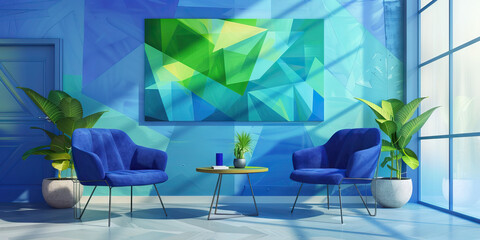 A bold, geometric abstract painting in shades of blue and green in a mental health group therapy room, fostering communication and collaboration.