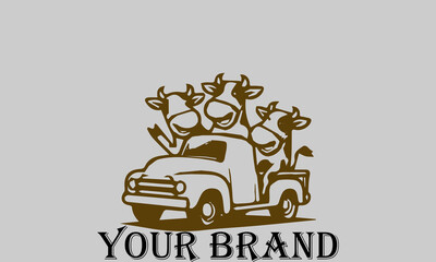 This vector illustration shows three cows sitting in the bed of a pickup truck with happy expressions. They seem to be enjoying the trip. This illustration is suitable for representing the concepts