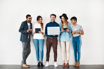 Business people, technology and happy for job interview, hiring and human resources with digital...