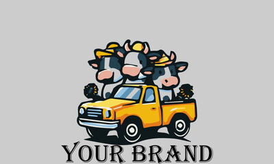 This vector illustration shows three cows sitting in the bed of a pickup truck with happy expressions. They seem to be enjoying the trip. This illustration is suitable for representing the concepts