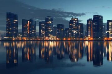Urban Cityscape at Night with Reflections in Water