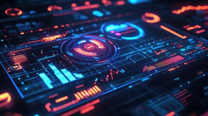 Fototapeta premium Futuristic digital interface with holographic data displays and graphs, showcasing advanced technology and data visualization concepts.