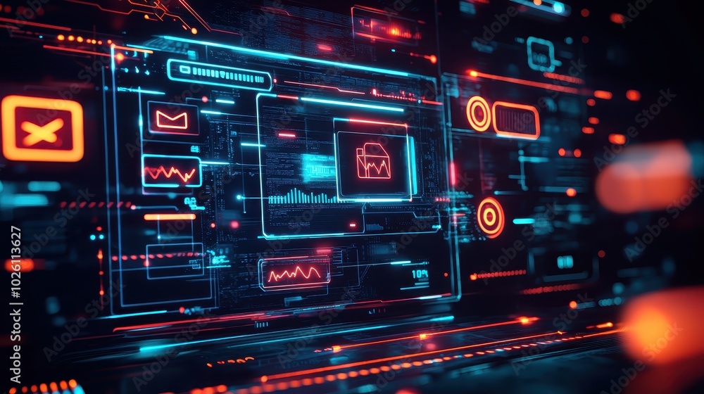 Aufkleber futuristic digital interface with neon lights and data visualization, representing cybersecurity and