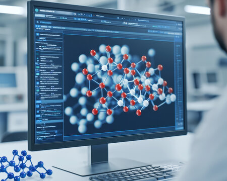 A closeup of a computer screen showing molecular models of drug candidates in 3D
