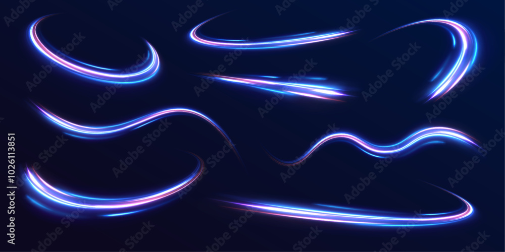 Poster Speed connection vector background. A large set of low-poly designs made of thin lines in the form of branches, spirals and arcs. Long exposure of motorways as speed. 