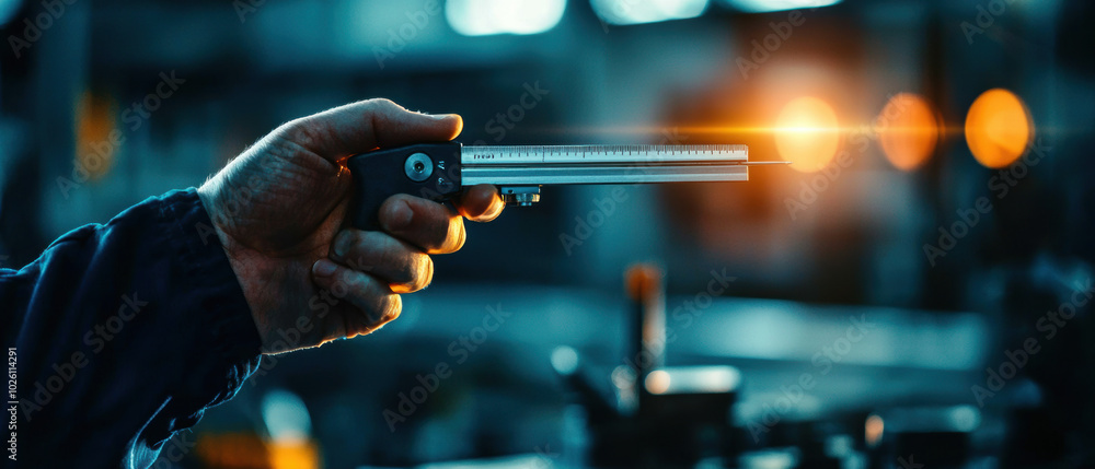 Poster hand holding a laser pointer, focusing light on a machine in a workshop setting.