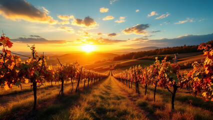 Obraz premium A vineyard is captured at golden hour and features vibrant autumn colours.